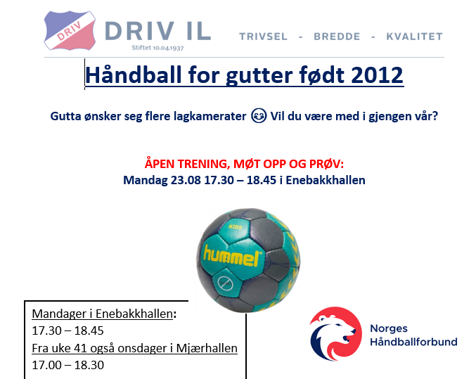 Håndball gutter f 2012, åpen trening 23.08.2021