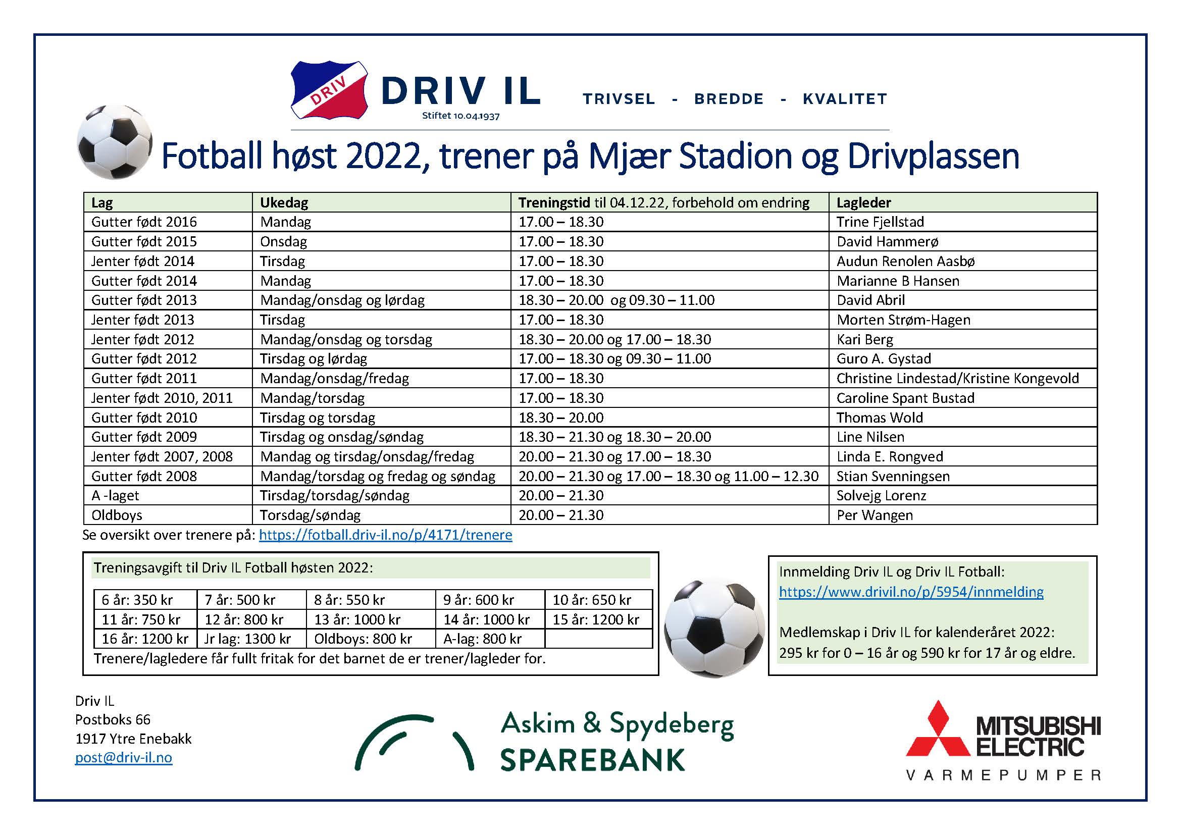 Driv IL Fotball oversikt lag og treningstider høst 2022