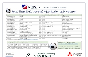 Driv IL Fotball oversikt lag og treningstider høst 2022