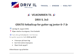 Driv IL 3v3 - GRATIS fotballcup for gutter og jenter 6–7 år lørdag 16. august 2025