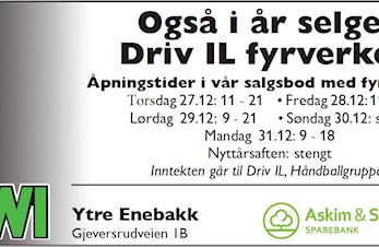 Driv IL Håndball selger som vanlig fyrverkeri ved Kiwi Ytre Enebakk. Salget åpner torsdag 27.desember klokka 11.00