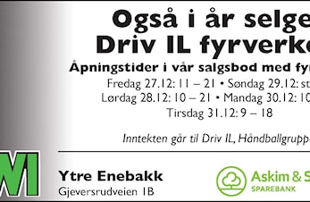 Driv IL Håndball selger som vanlig fyrverkeri ved Kiwi Ytre Enebakk. Salget åpner fredag 27.12 klokka 11.00