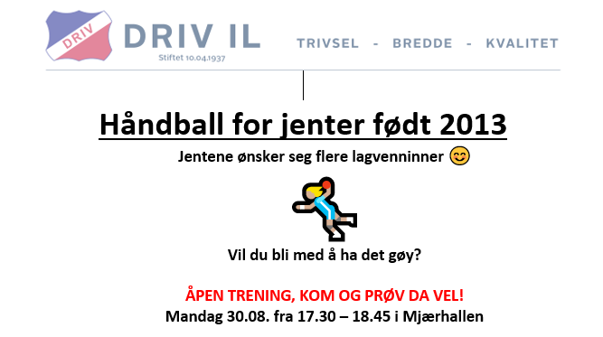 Håndball jenter født 2013, åpen trening mandag 30.08.21