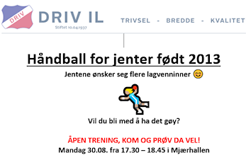 Håndball jenter født 2013, åpen trening mandag 30.08.21