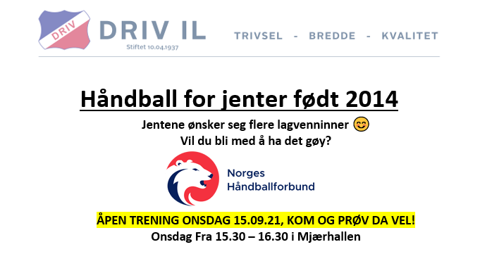 Håndball for jenter født 2014, oppstart onsdag 15.09.2021