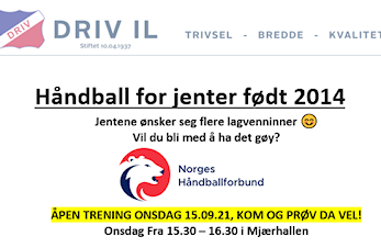 Håndball for jenter født 2014, oppstart onsdag 15.09.2021
