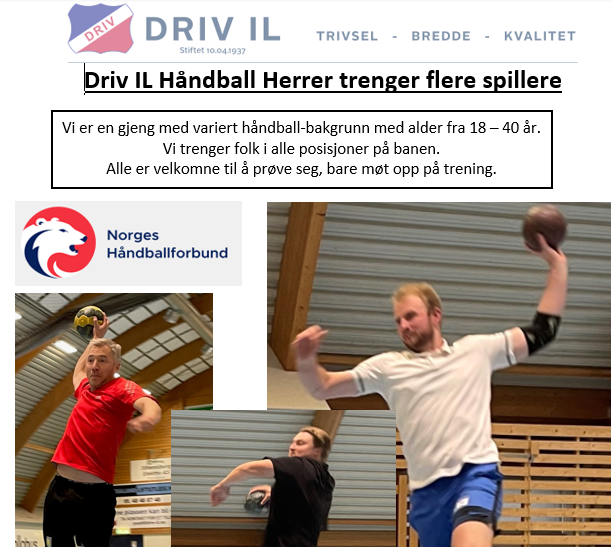 Driv IL Håndball Herrer trenger flere spillere