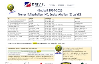 Oversikt lag og treningstider Håndball sesong 2024-2025