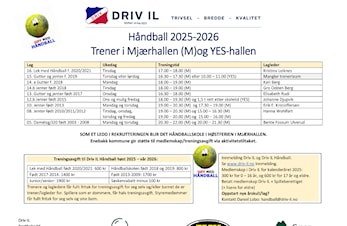 Oversikt lag og treningstider Håndball sesong 2025 - 2026