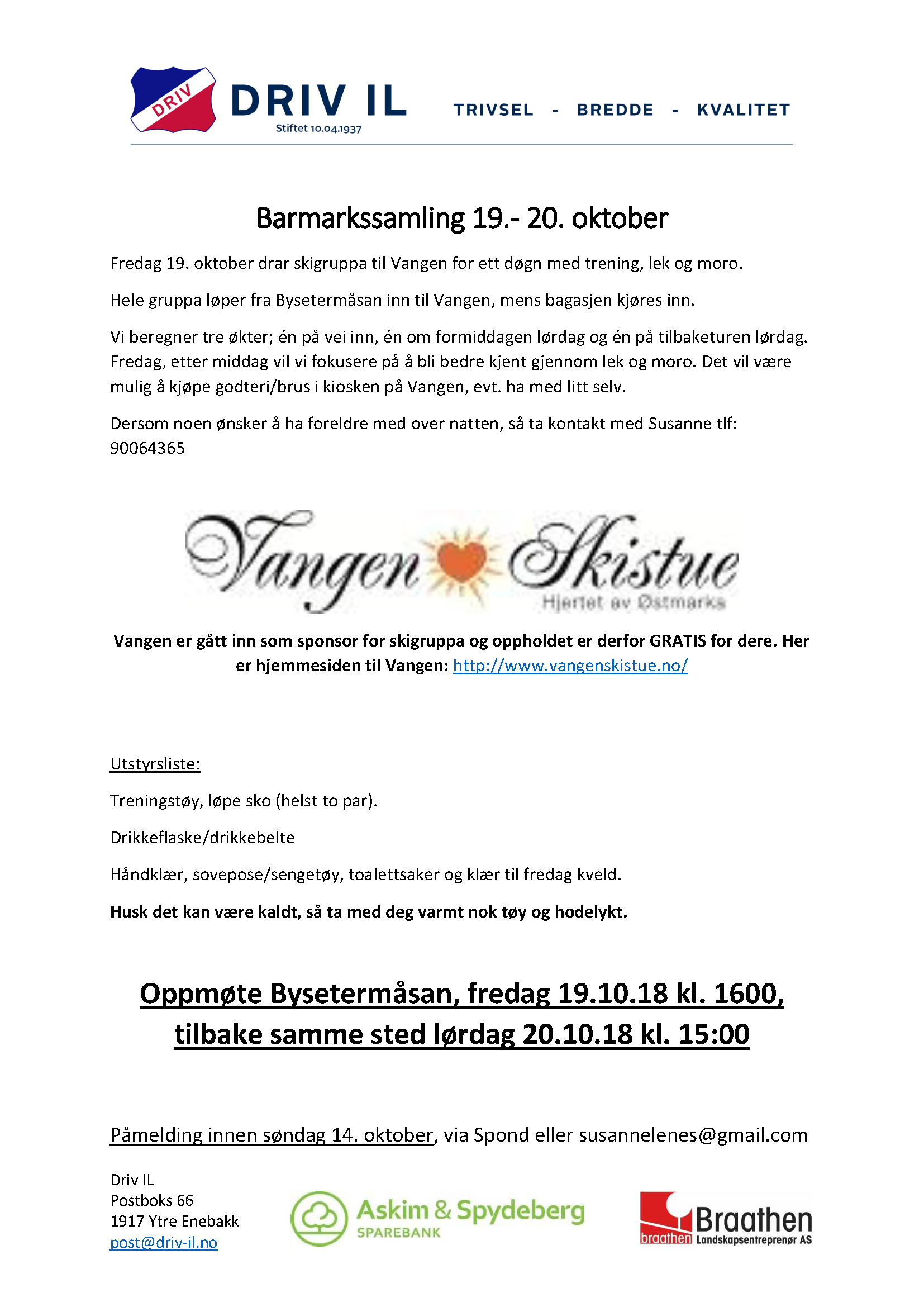 Vangen, barmarksamling 19. - 20. oktober 2018