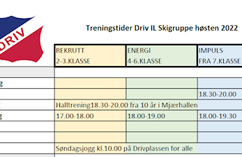 Treningstider Driv IL Skigruppe høsten 2022