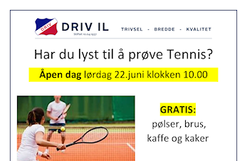 Åpen dag Tennis lørdag 22.06.19 klokken 10.00 Gratis pølser, brus, kaffe og kaker :-)