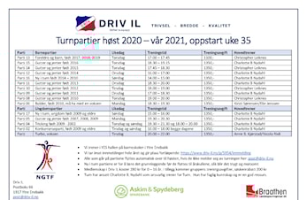 Driv IL Turn høsten 2020, oppstart uke 35, korrigert tid for 2010 barna her