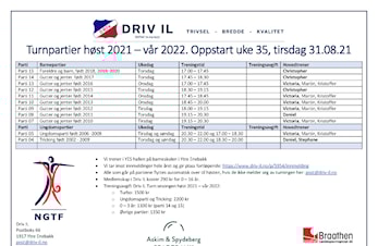 Driv IL Turn høst 2021. Oppstart tirsdag 31.08.