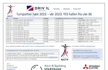 Oppstart Driv IL Turn høst 2022. Alle partier starter i uke 36, fra mandag 05. sept.