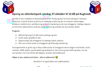 Åpning av aktivitetsparken på Rugtvedt 27.okt kl 12.00