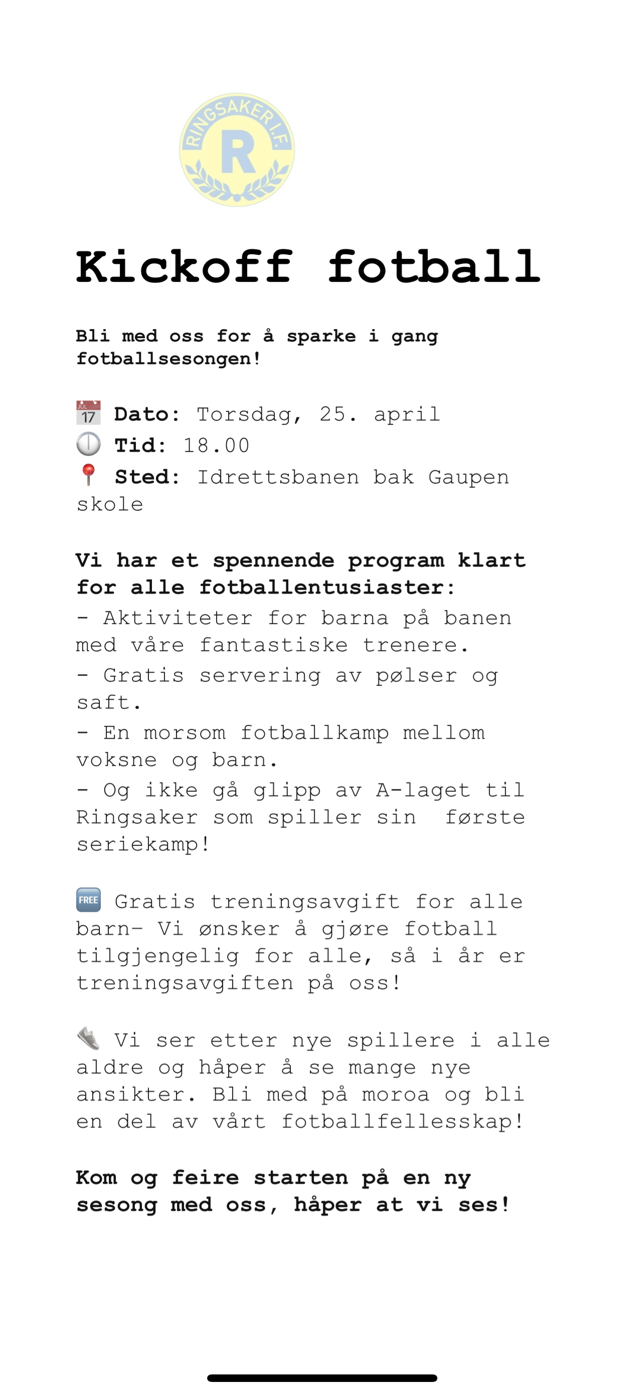Kickoff fotball (med skiavslutning fra kl 1730)!