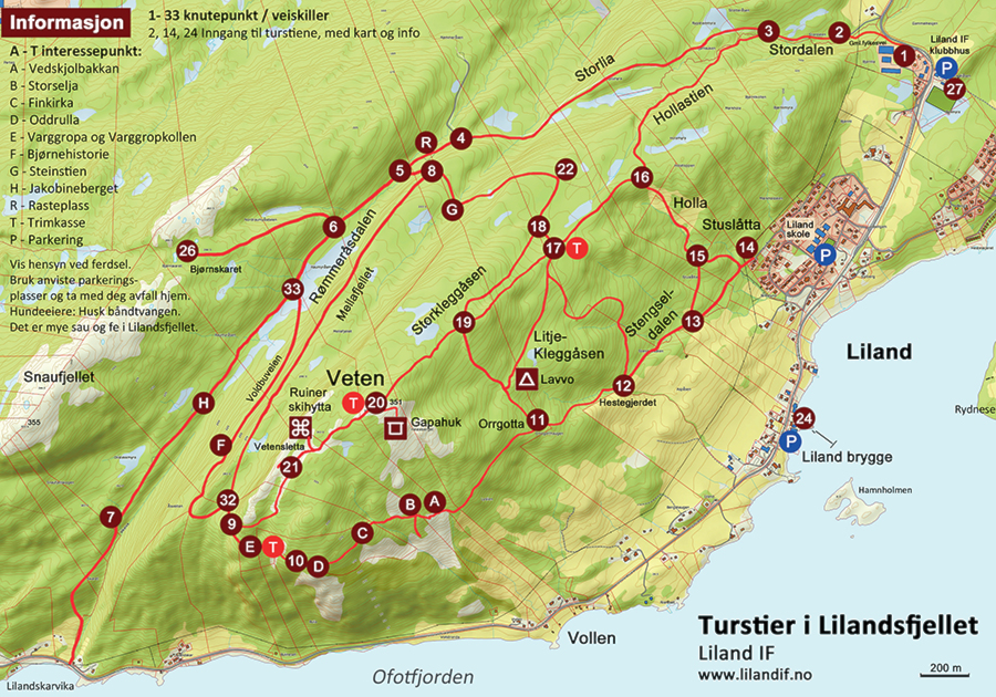 Kart over turstiene i Lilandsfjellet