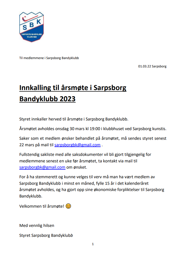 Innkalling til årsmøte onsdag 29 mars kl 19.00