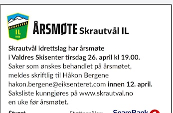 Årsmøte i Skrautvål IL 26. april kl. 19.00 Oppdatert med saksliste og protokoll!