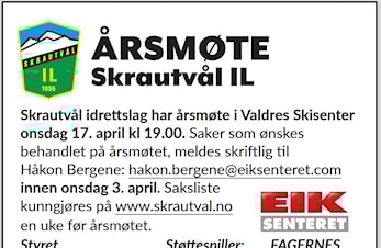 Skrautvål idrettslag har årsmøte i Valdres Skisenter onsdag 17. april kl 19.00.