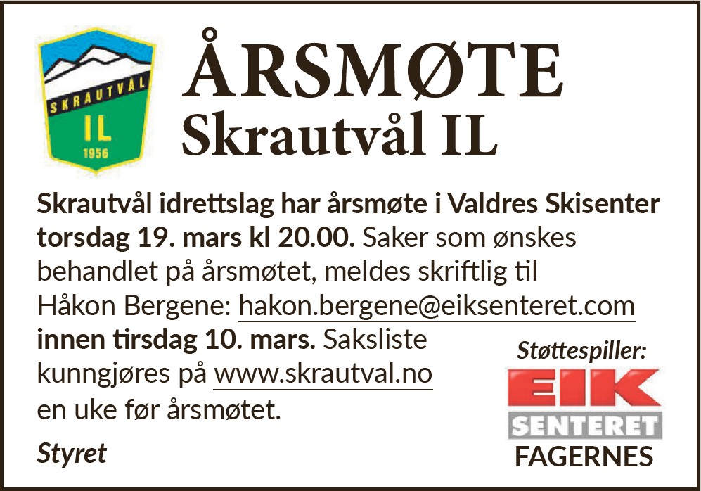 Årsmøte Skrautvål il Tirsdag 19. Mars 2026 kl 2000