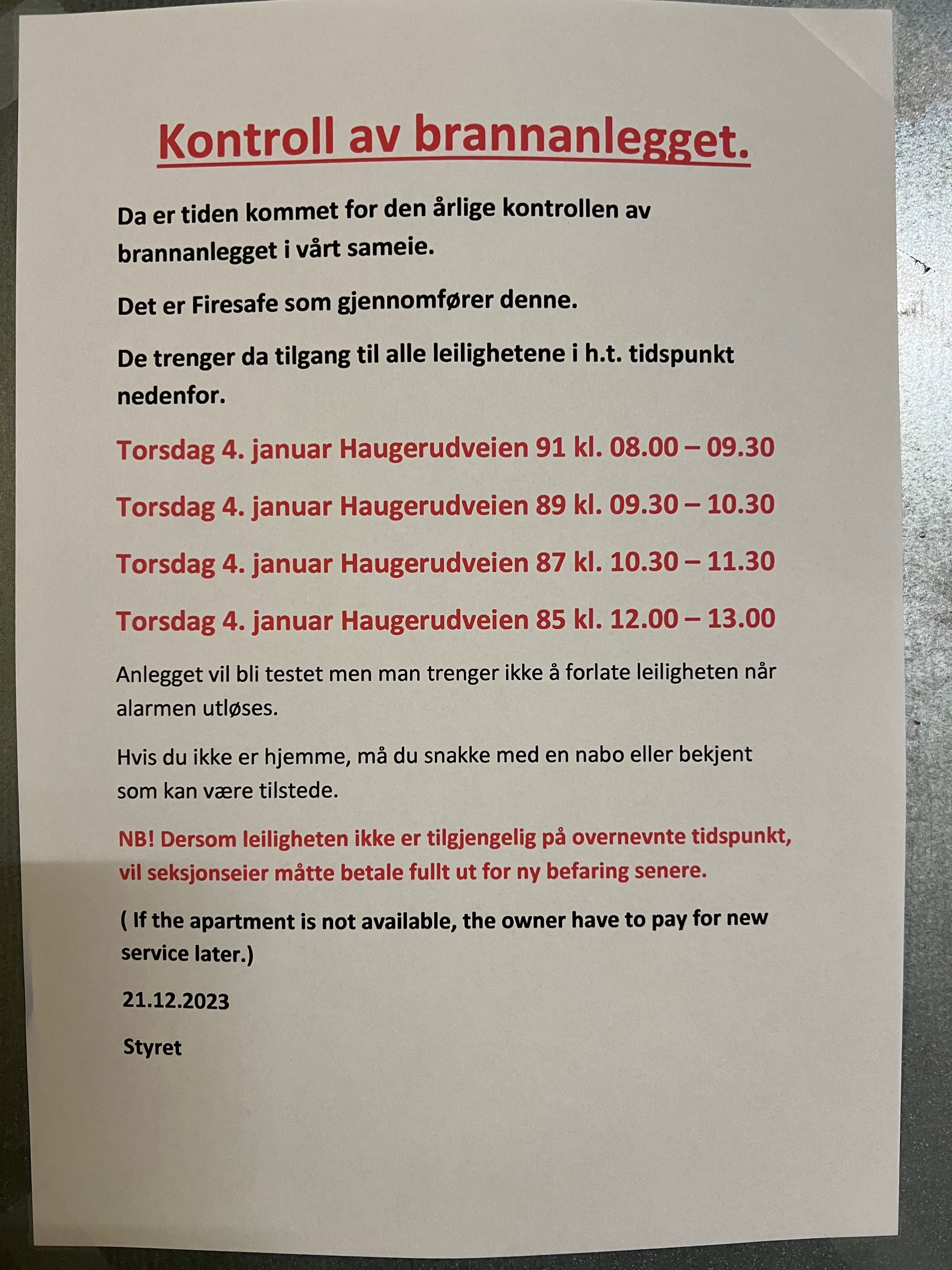 Årlig kontroll av brannanlegget