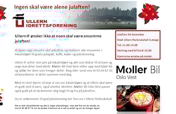 Ensom juleaften? Ullern IF åpner dørene og inviterer til gratis julegrøt. Møller Bil Oslo Vest kjører deg til døra!