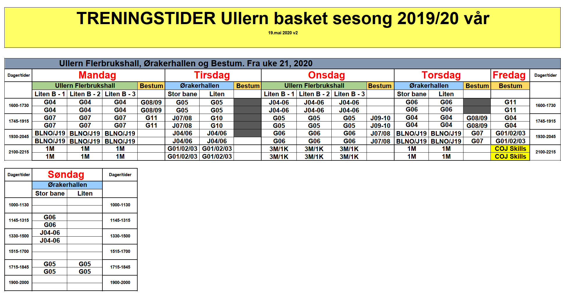 Treningstider mai 2020