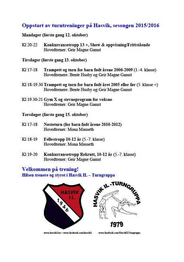 Oppstart av turntreninger 2015-2016