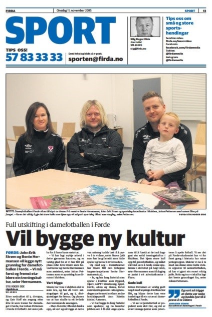 2015.11.11 Firda om John Erik Strøm og Bente Hermansen som overtek A-damelaget i FIL Fotball.jpg