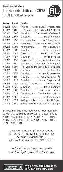 Trekningsliste Julekalenderlotteriet 2015