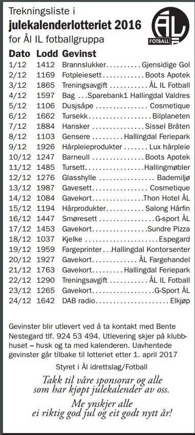 Trekningsliste julekalenderlotteri 2016