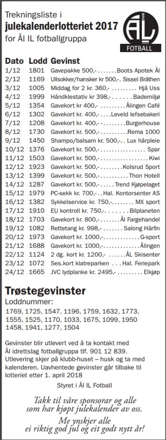 Trekningsliste julekalenderlotteri 2017