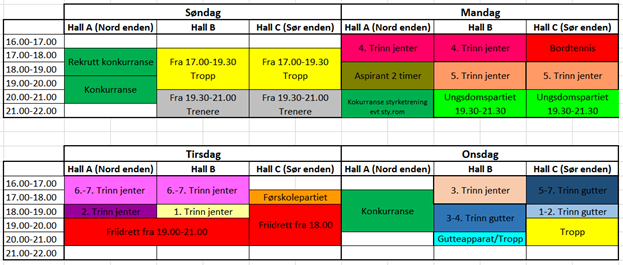 Treningstider sesongen 2017/2018