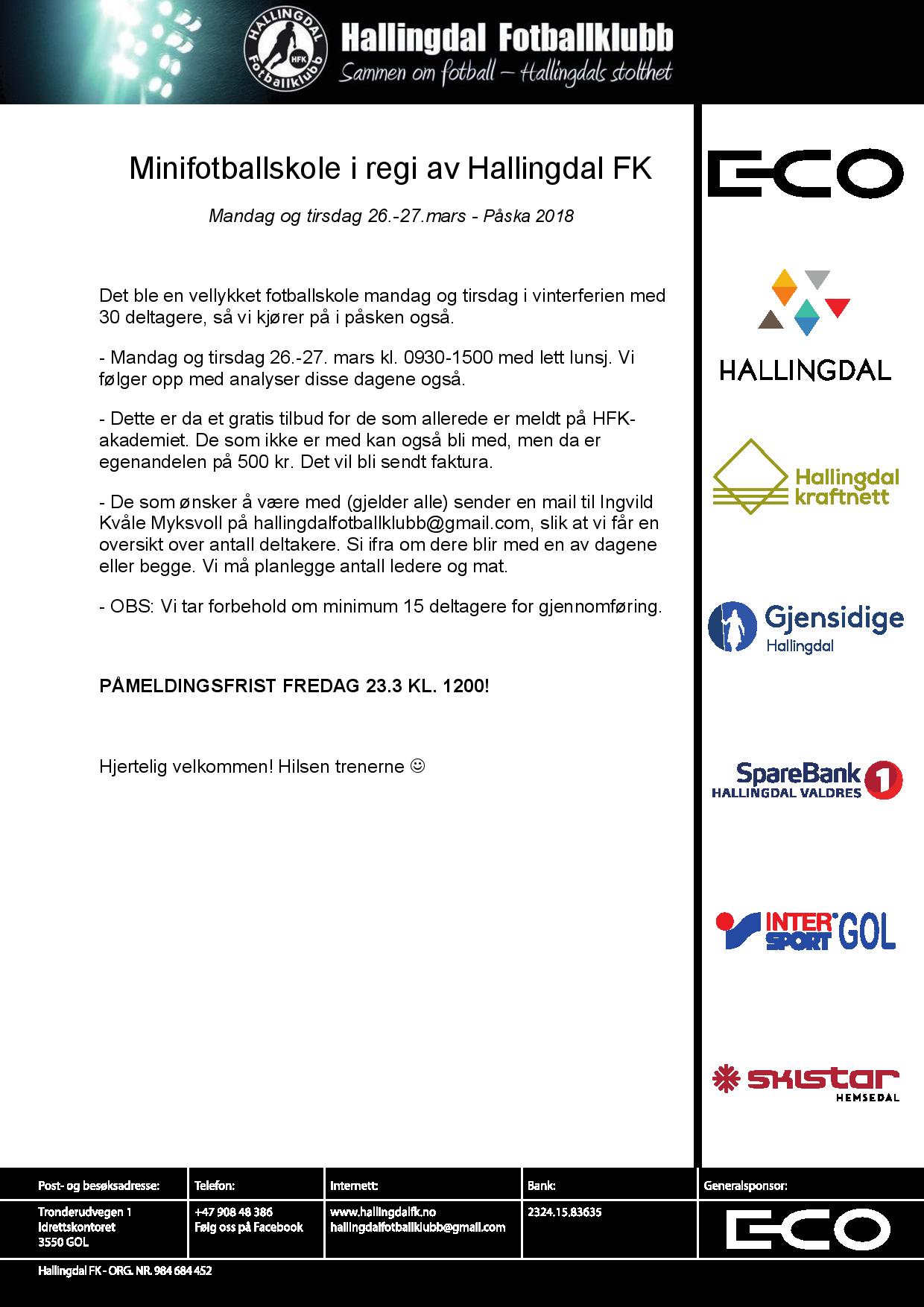 Minifotballskole mandag og tirsdag i påskeferien