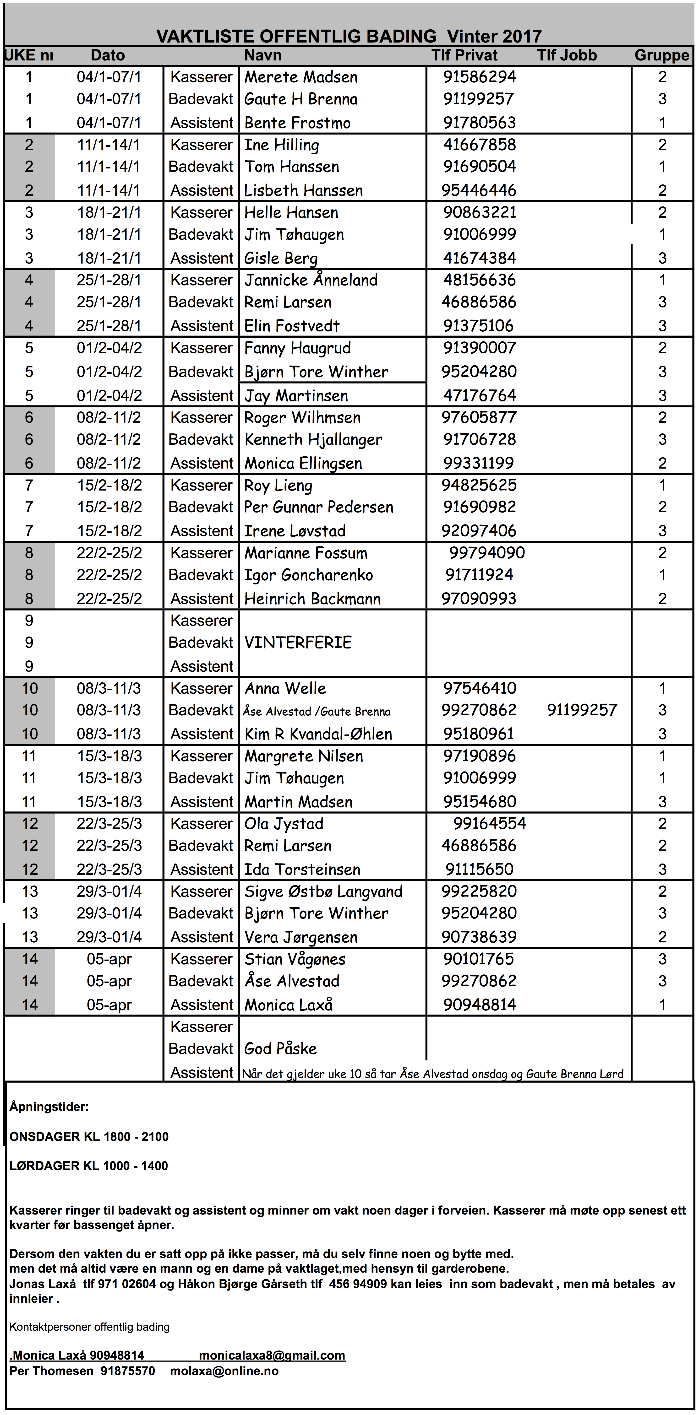 Vaktliste Offentlig Bading våren 2017