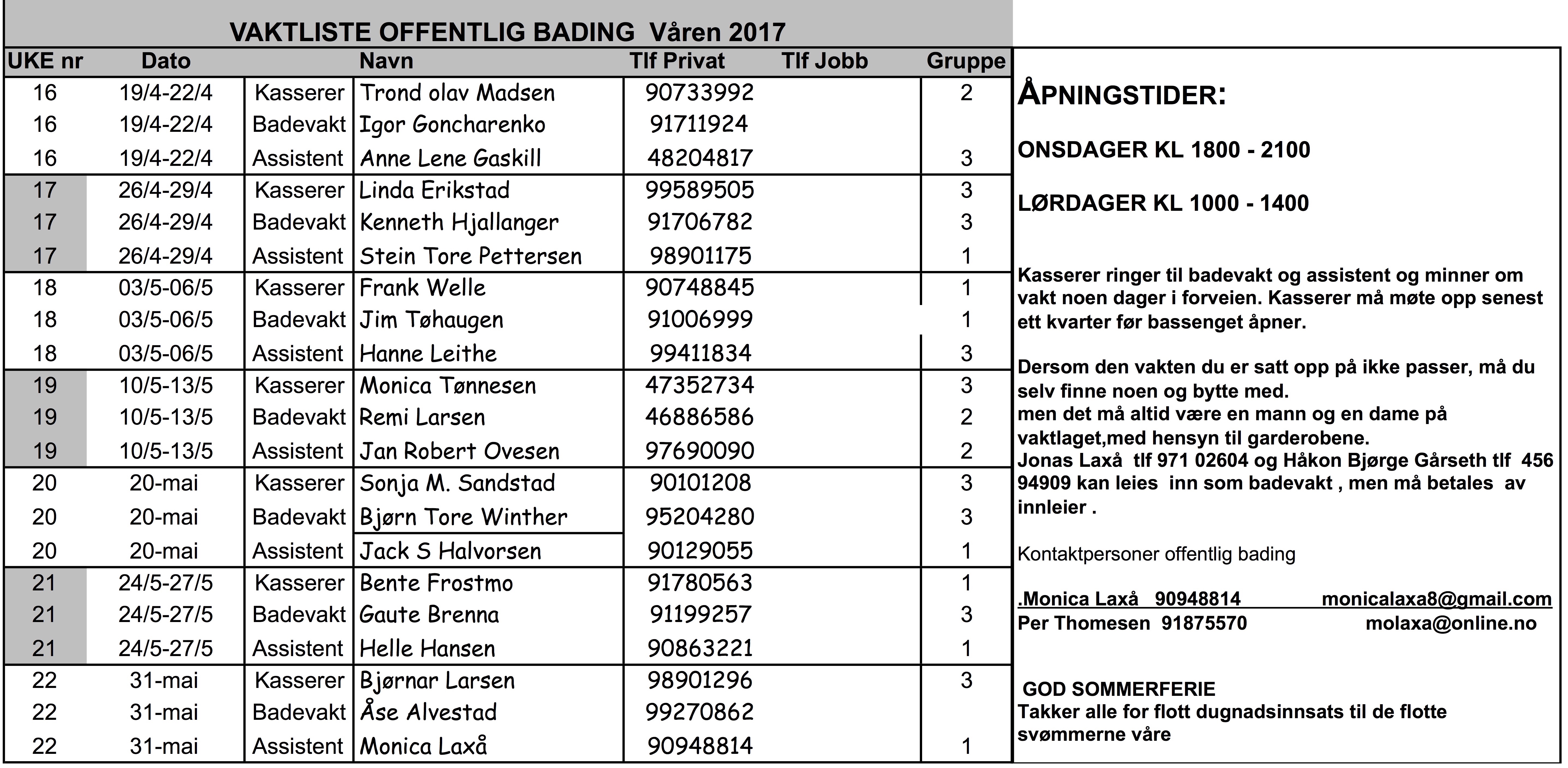 Vaktliste Offentlig Bading våren 2017