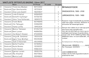 Vaktliste Offentlig Bading våren 2017
