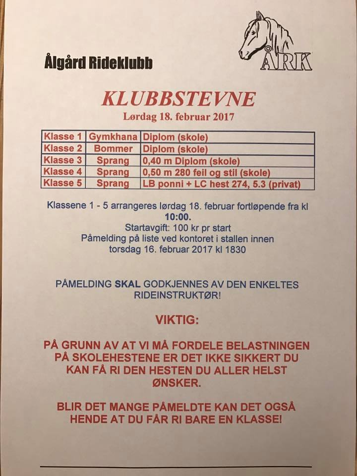 Klubbstevne lørdag 18.februar 2017