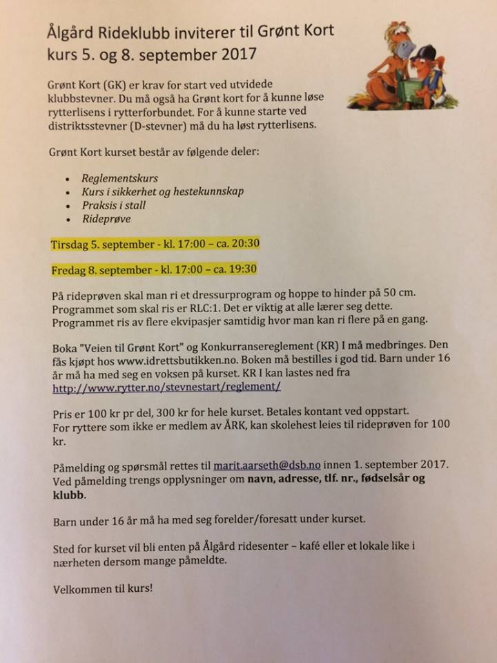 Grønt Kort kurs 5. og 8. september 2017 på Ålgård Rideklubb
