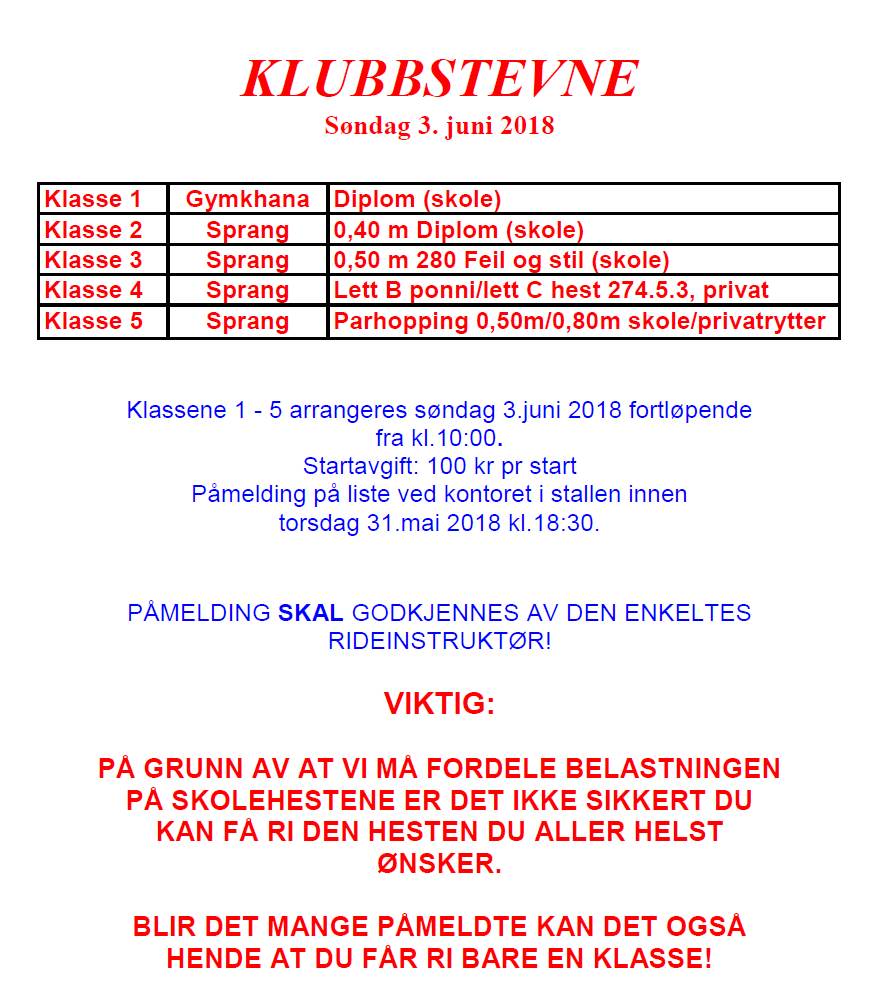 Klubbstevne søndag 3.juni 2018