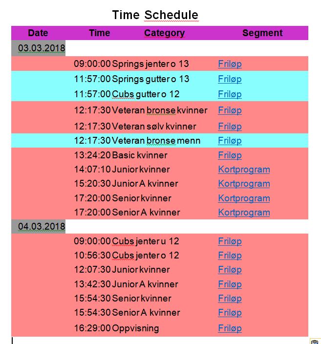 Tidsoppsett for klassene på BSK stevnet