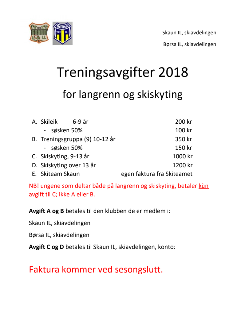 Treningsavgift 2018