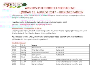 Arbeidsliste Birkenesdagene 18- 19 august 2017