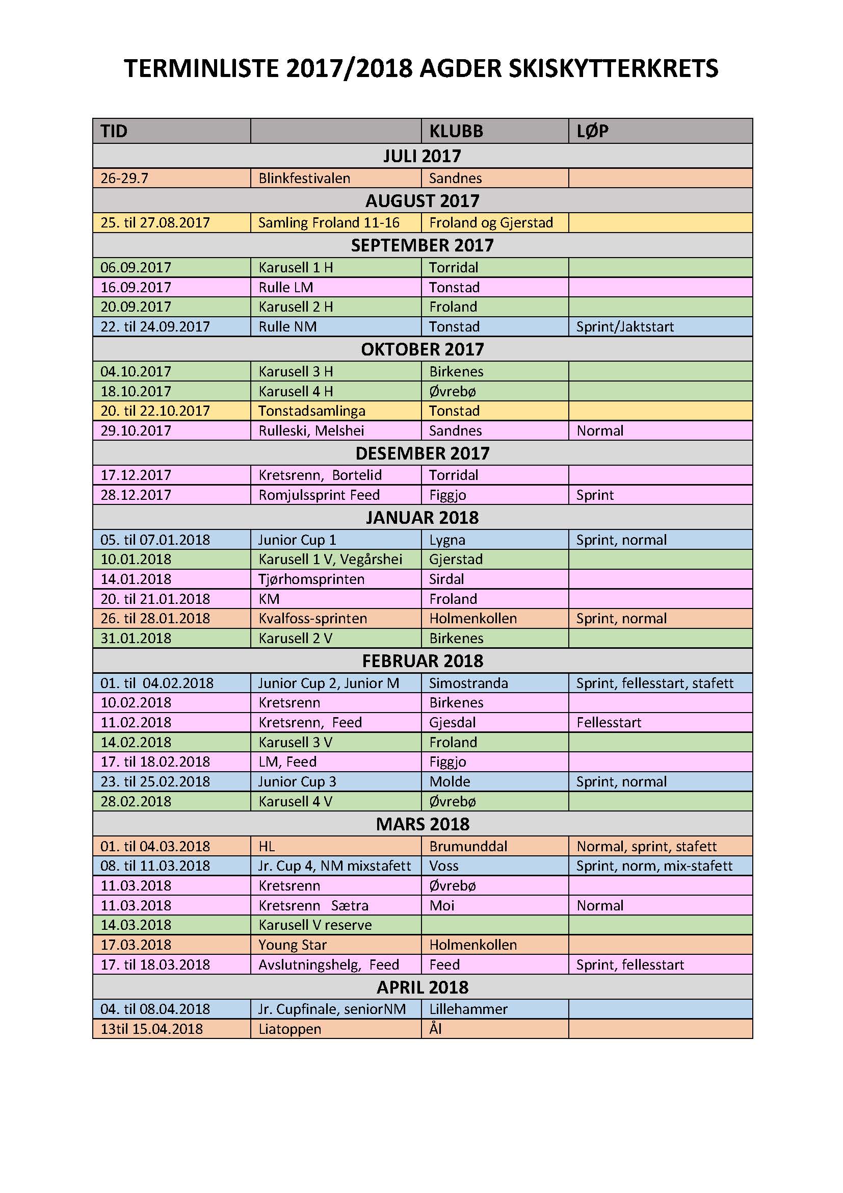 Terminliste sesongen 2017-2018