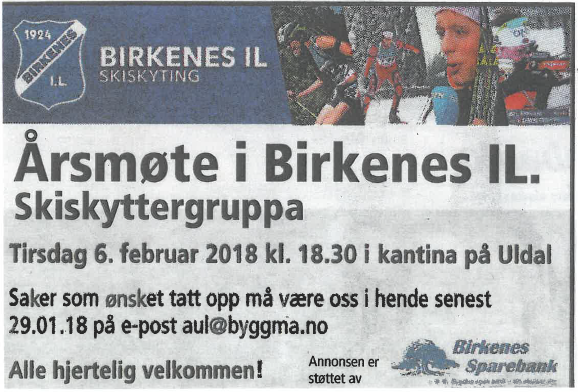 Årmøte Birkenes IL Skiskyting tirsdag 6 februar kl 18:30. Kantina Uldal