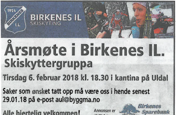 Årmøte Birkenes IL Skiskyting tirsdag 6 februar kl 18:30. Kantina Uldal