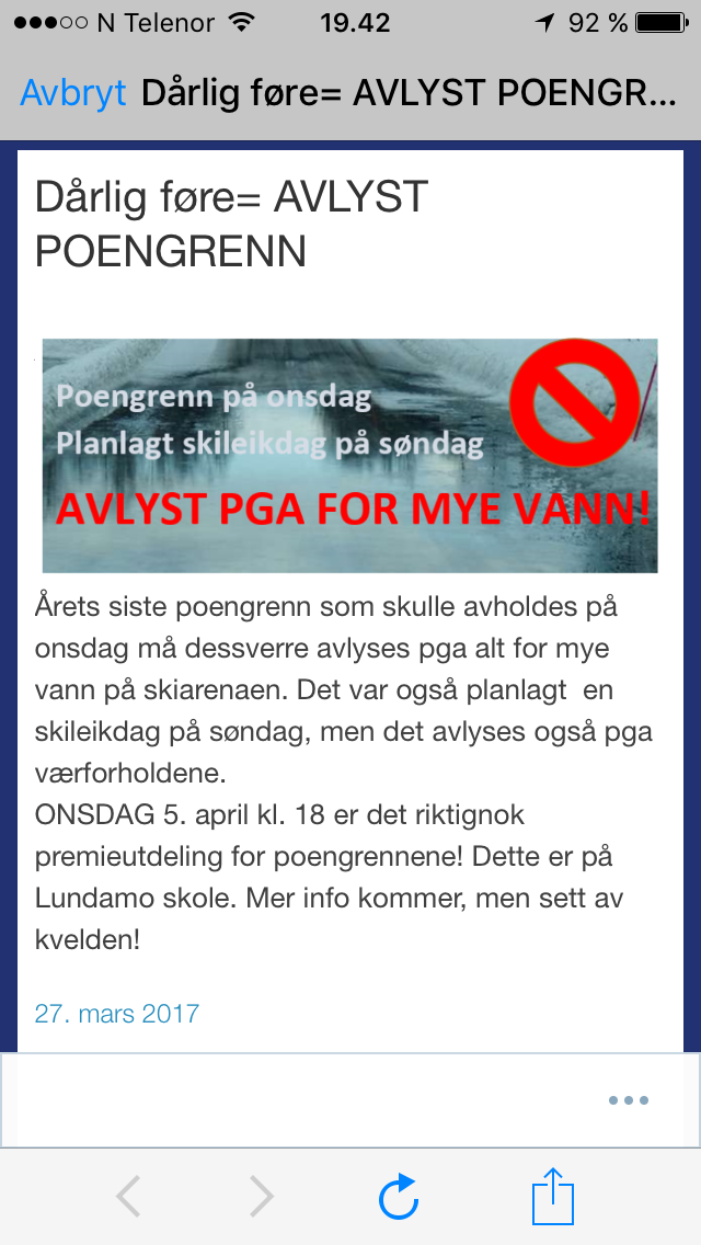 Onsdagens poengrenn avlyses