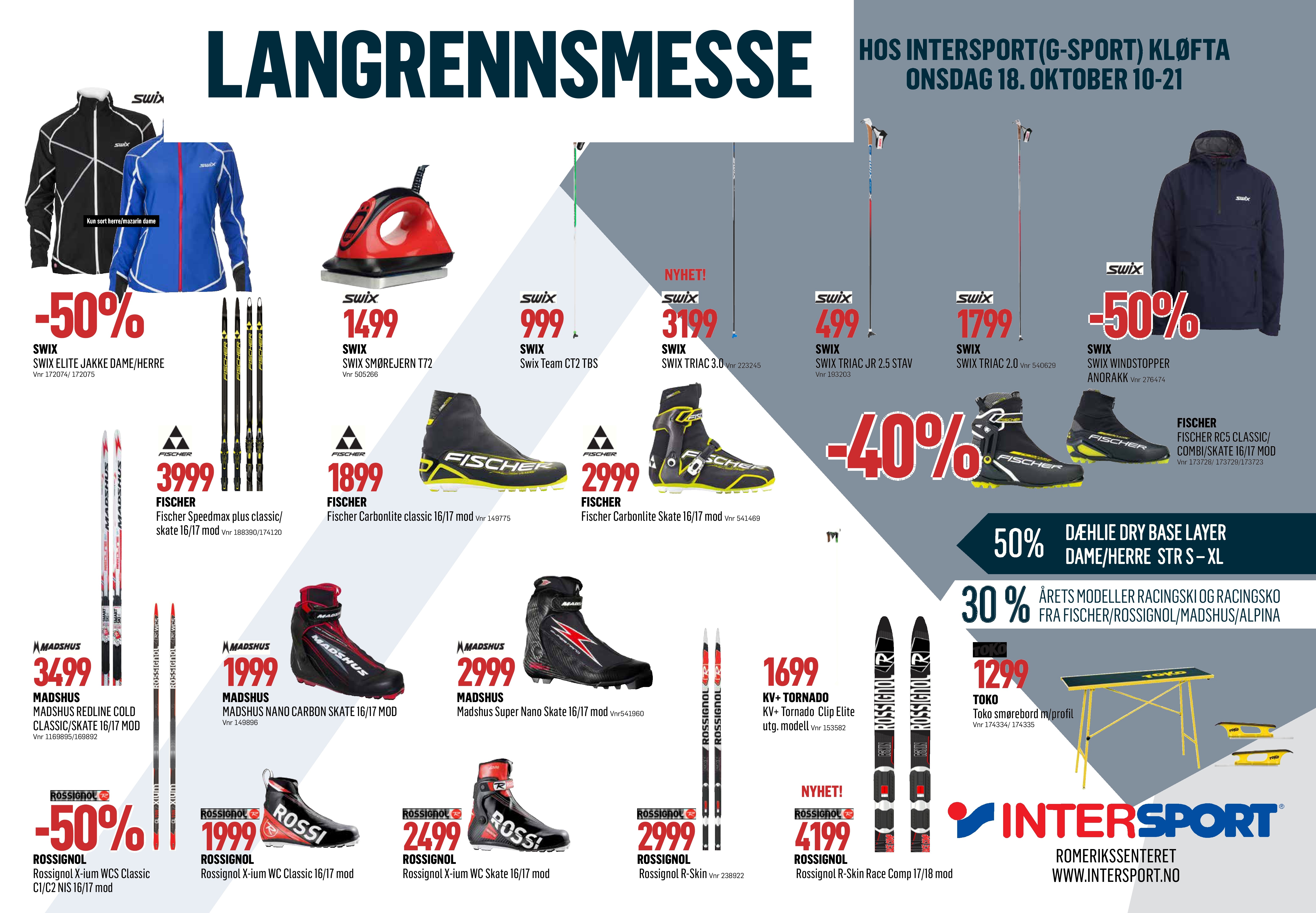 Langrennsmesse hos Intersport (G-sport) Kløfta. Onsdag 18.10.17 10-21